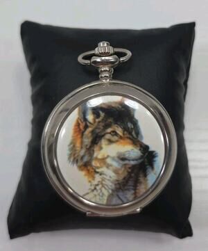 Westminster Wildlife Art Pocket Watch Wolf Dog Silver Tone 47mm New Battery W212